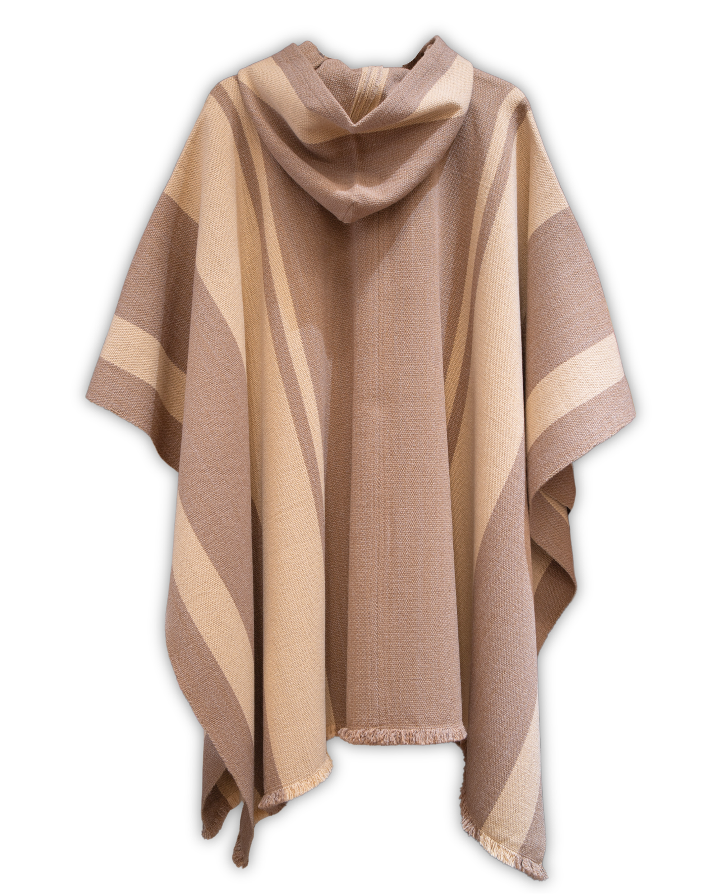 vista trasera poncho de alpaca cafe y beige hecho en Chile