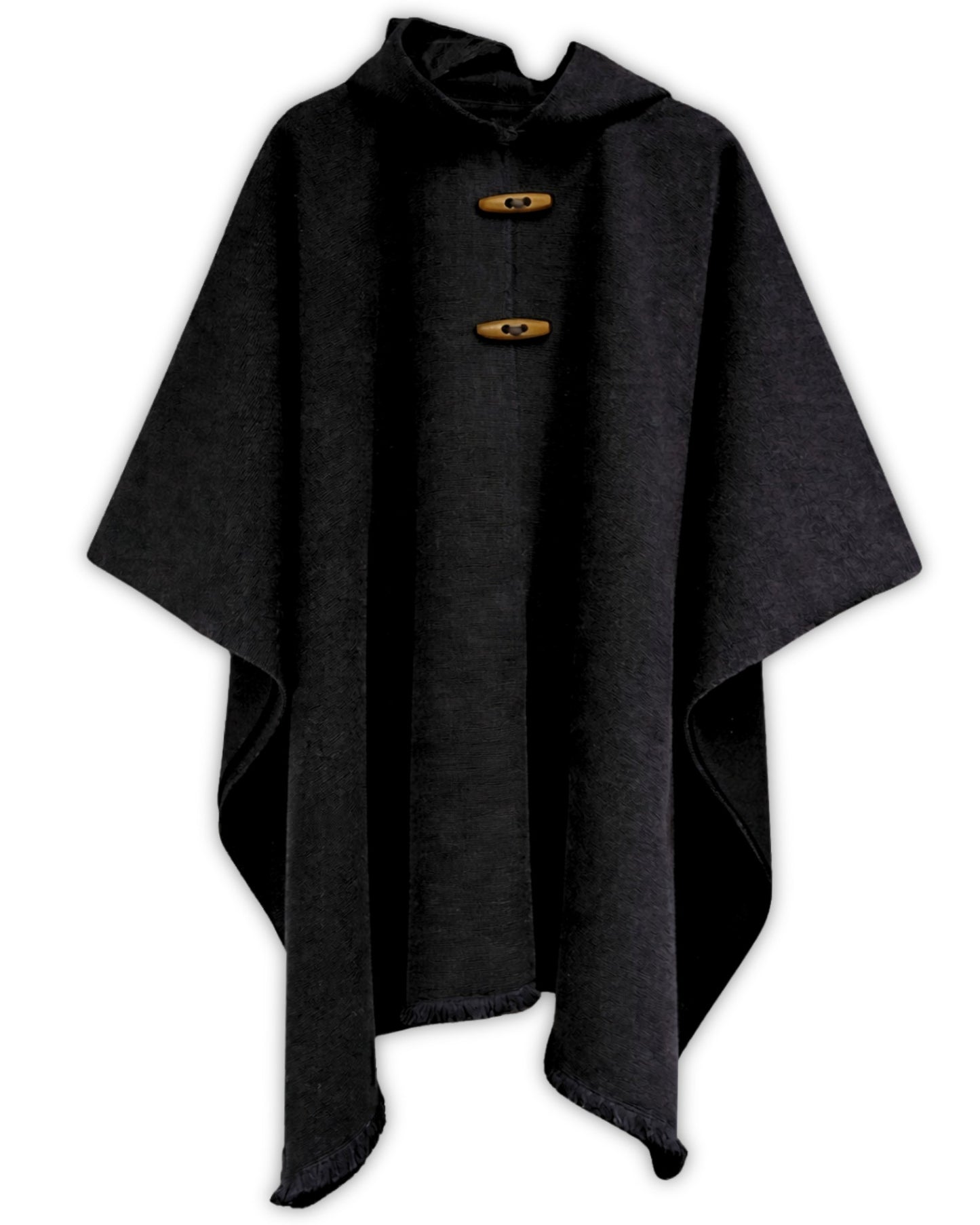 Poncho de lana de alpaca negro con gorro hecho a mano en Chile