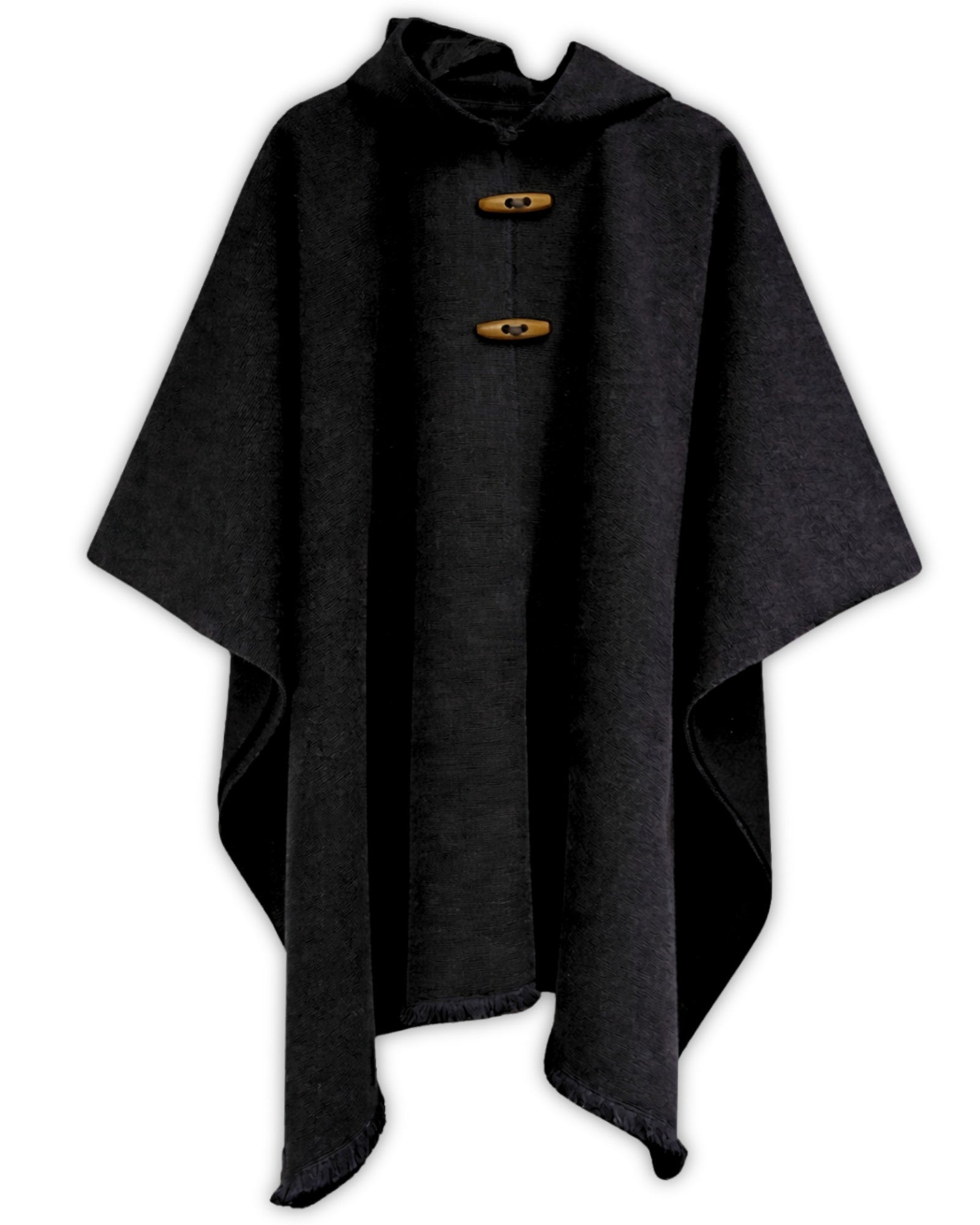 Poncho de lana de alpaca negro con gorro hecho a mano en Chile