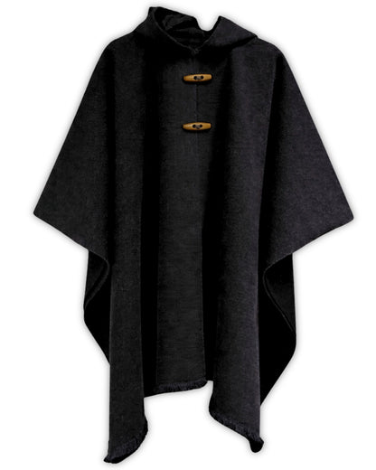 Poncho de lana de alpaca negro con gorro hecho a mano en Chile