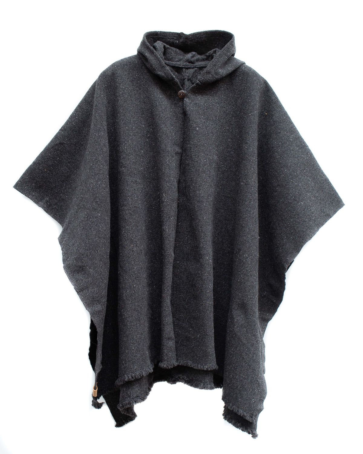 Poncho de lana negro con gorro hecho a mano
