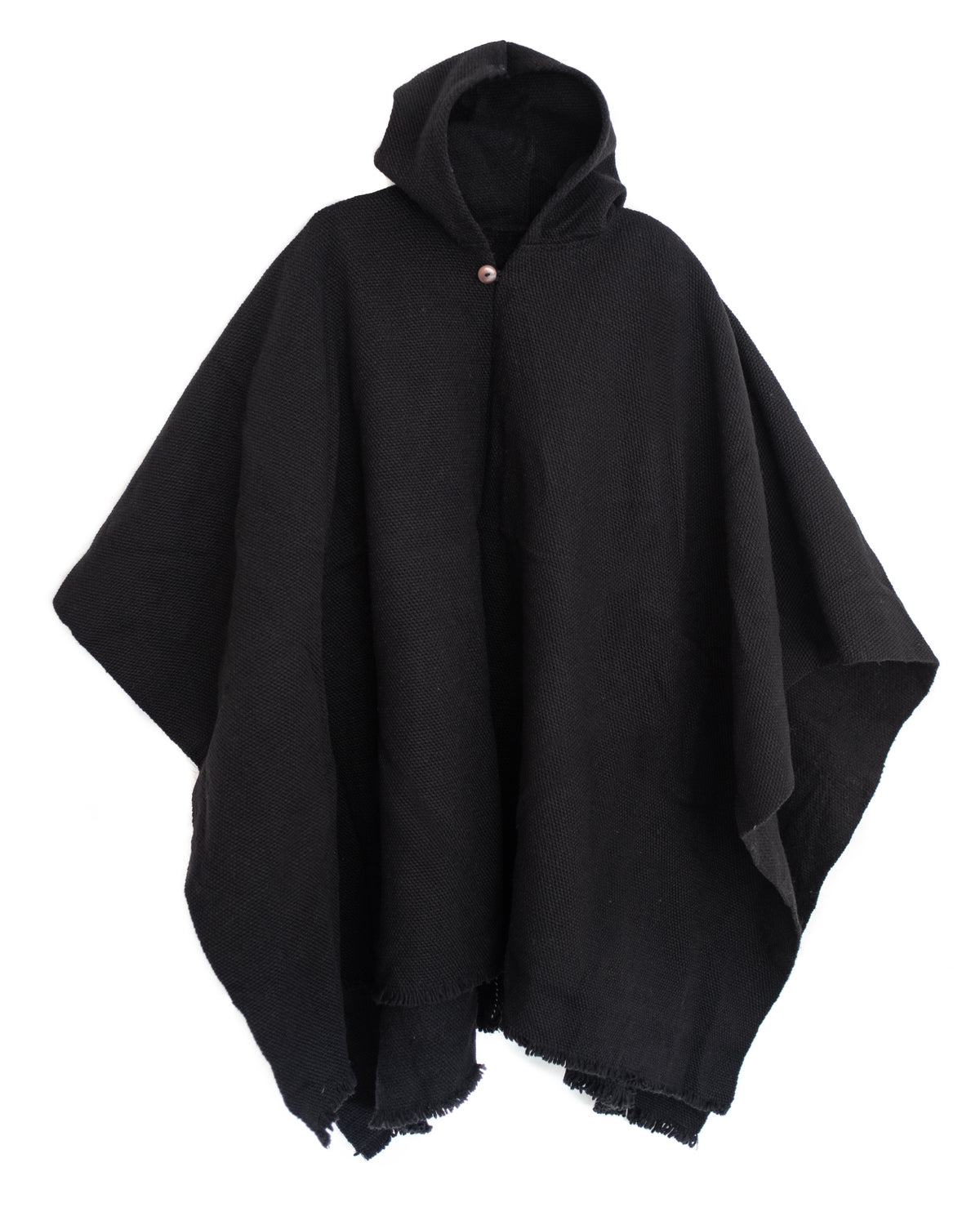 Poncho de lana negro con gorro hecho a mano